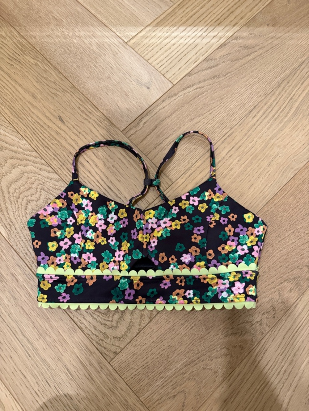 IVL Collective Floral Scalloped Trim workout top - Black with Multicolor Flowers